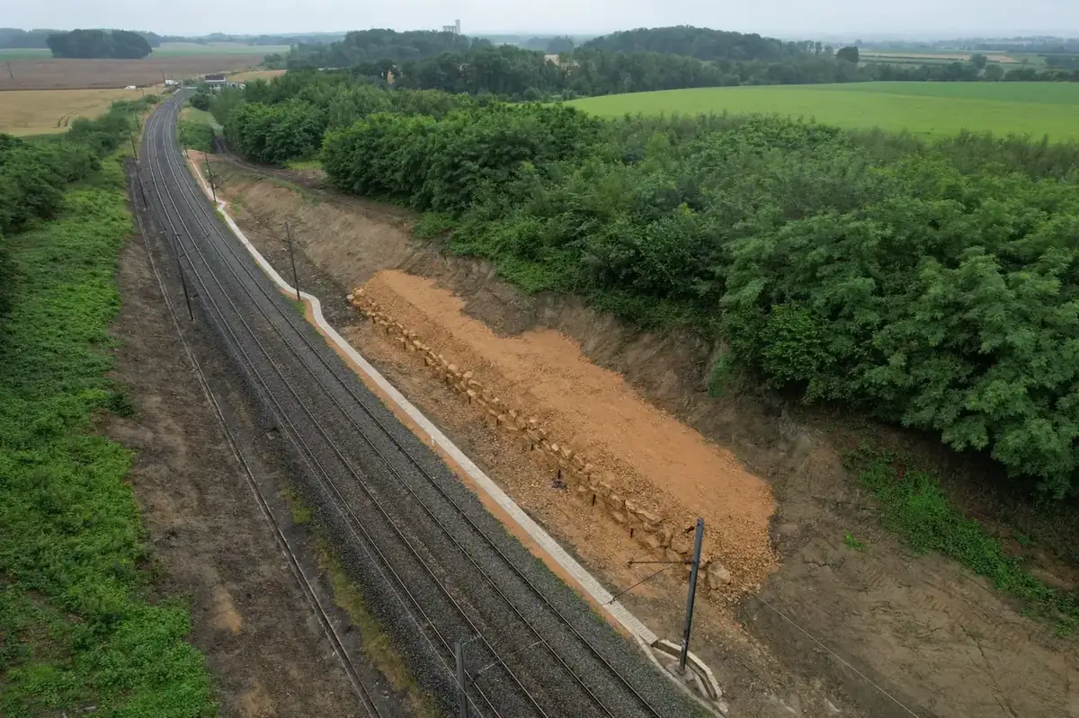 Vue aérienne d'un chantier d'enrochement le long des voies